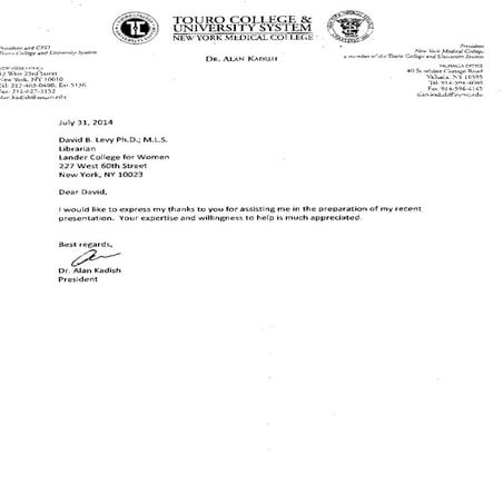 Alan Kadish thank you letter to David Levy