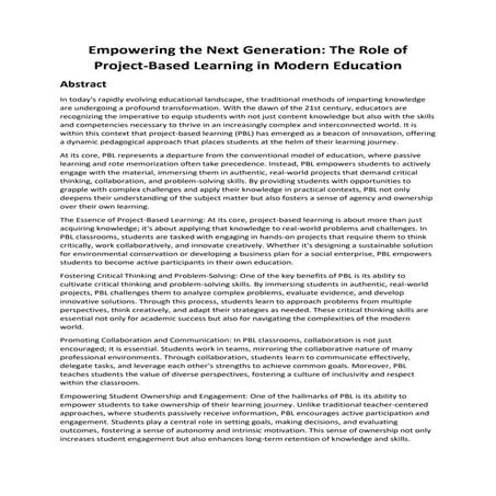 Empowering the Next Generation: The Role of Project-Based Learning in Modern ...