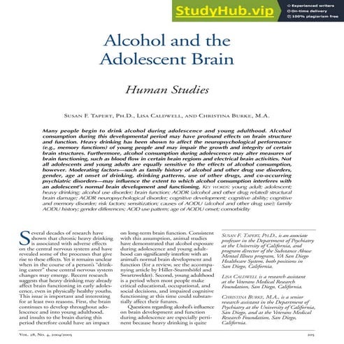 Alcohol And The Adolescent Brain Human Studies | PDF