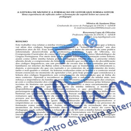 Leitura de Mundo e a Formação de Leitor que Forma Leitor Uma experiência de reflexão sobre a formação do sujeito leitor no curso de pedagogia.