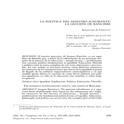 La política del maestro ignorante: la lección de Ranciere - Alejandro Cerletti