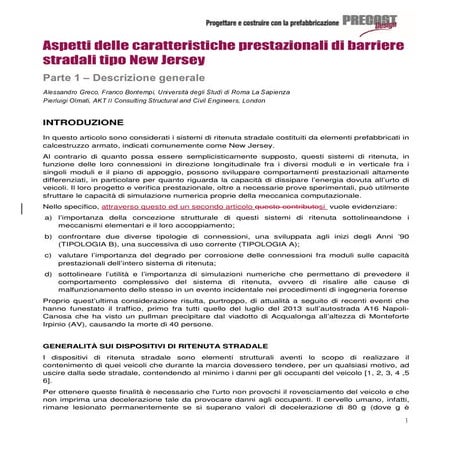 Aspetti delle caratteristiche prestazionali di barriere stradali tipo New Jersey Parte 1 – Descrizione generale