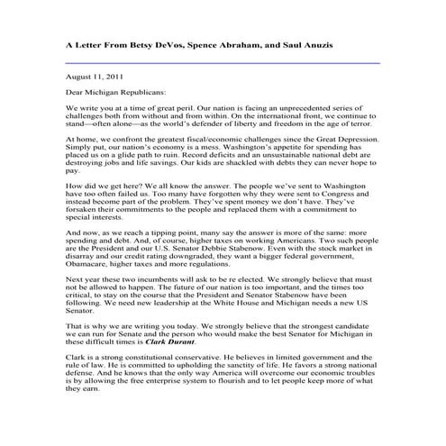 Betsy DeVos, Spence Abraham, and Saul Anuzis endorse Clark Durant for U.S. Se...