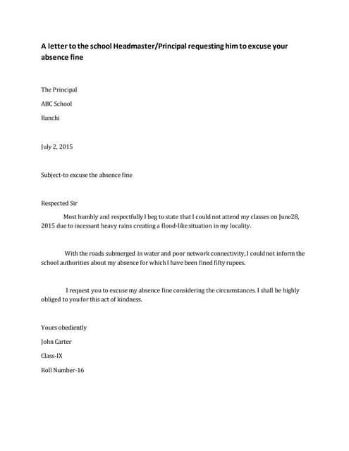 letter absent from school