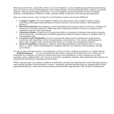 A Level English Coursework Examples. This resource | PDF