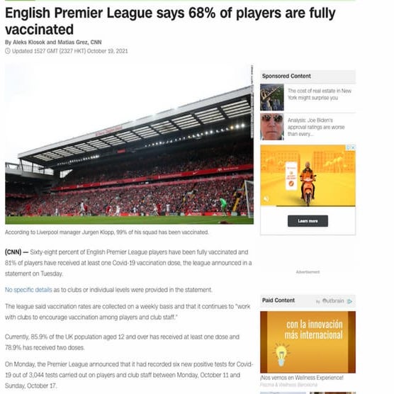 English Premier League says 68 of players are fully vaccinated PPT
