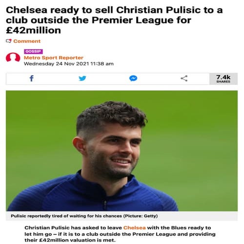 Chelsea ready to sell Christian Pulisic to a club outside the Premier ...