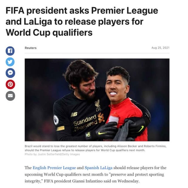 FIFA president asks Premier League and LALiga to release players for ...
