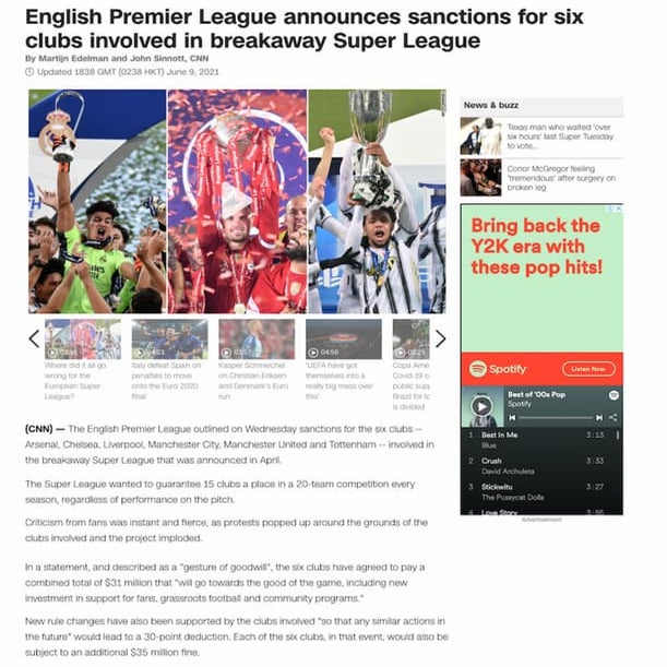 English premier league announces sanctions for six clubs involved in ...