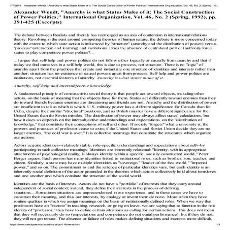 Alexander wendt,  anarchy is what states make of it  the social construction ...