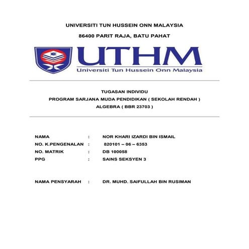 Contoh soalan dan jawapan Algebra