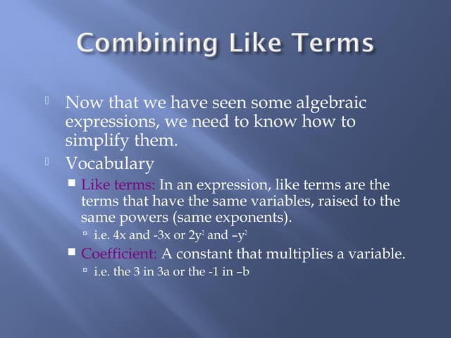 Simplifying algebraic expressions | PPT