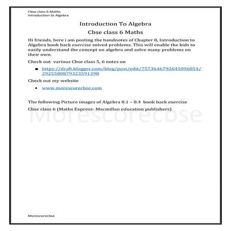 Introduction to Algebra Chapter 8, Cbse class 6