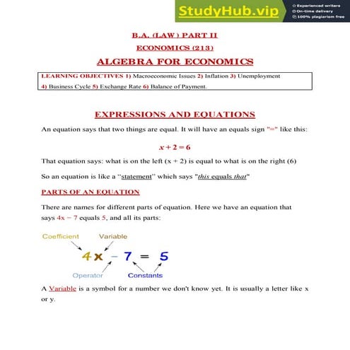 ALGEBRA FOR ECONOMICS EXPRESSIONS AND EQUATIONS