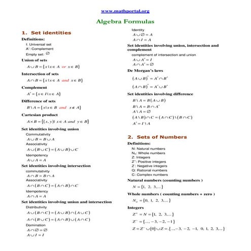 Algebra formulas