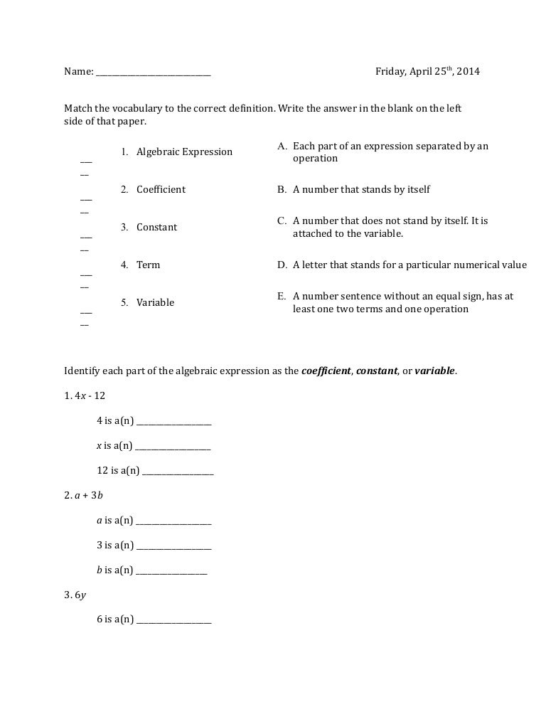 algebraic expression worksheet adjusted