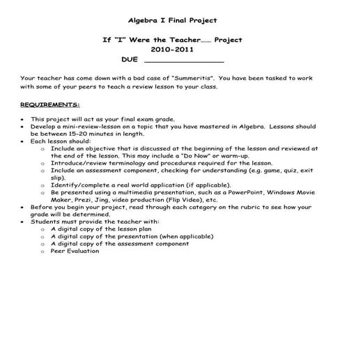 Algebra i final project   district guidelines