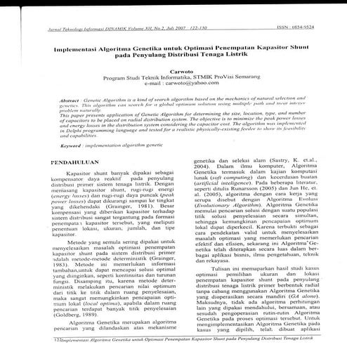 lmplementasi Algoritma Genetika untuk Optimasi Penempatan Kapasitor Shunt pada Penyulang Distribusi Tenaga Listrik