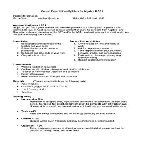 Alg 2 course expectations 2011