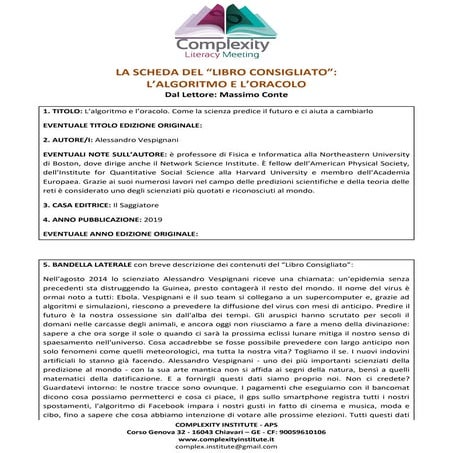Complexity Literacy Meeting - Scheda del libro presentato da Massimo Conte: "L'algoritmo e l'oracolo" di Alessandro Vespignani