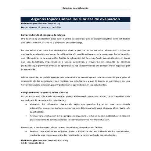 Algunos tópicos sobre las rúbricas de evaluación