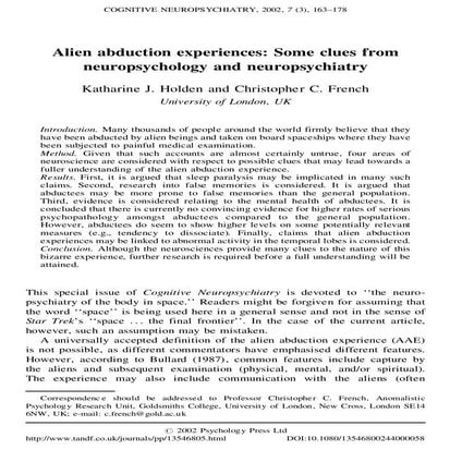 Alien abduction experiences some clues from neuropsychology and neuropsychiatry