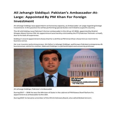 Ali Jehangir Siddiqui appointed by pm khan for foreign investment