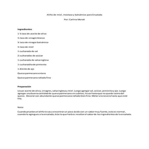 Aliño de miel, mostaza y balsamico para ensalada