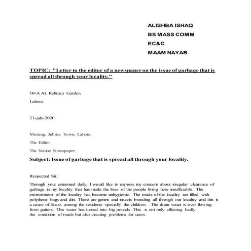 Letter to the editor for garbage issue
