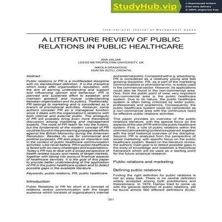 A LITERATURE REVIEW OF PUBLIC RELATIONS IN PUBLIC HEALTHCARE