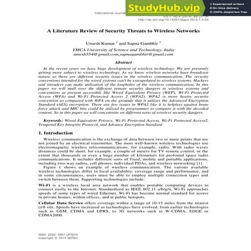 A Literature Review Of Security Threats To Wireless Networks