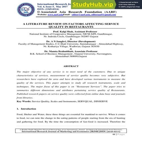 A REVIEW OF SERVICE QUALITY MODELS | PDF