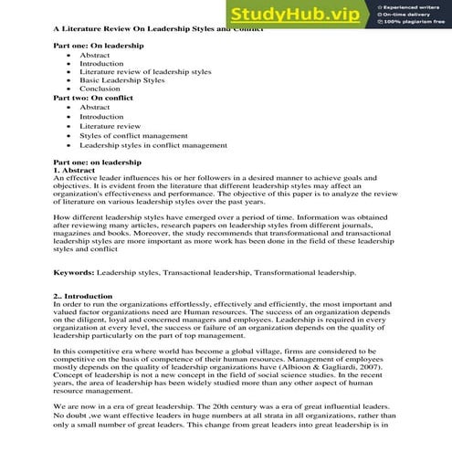 A Literature Review On Leadership Styles And Conflict | PDF