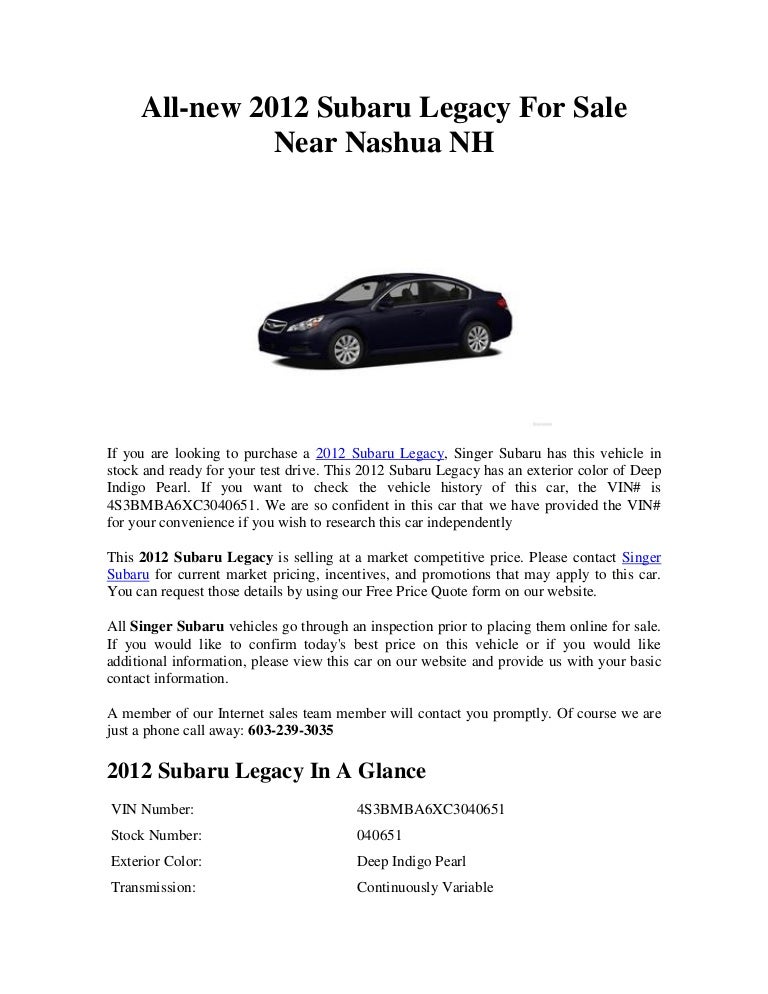 Subaru Of Nashua >> All New 2012 Subaru Legacy For Sale Near Nashua Nh Subaru Of Nashua >> All New 2012 Subaru Legacy For Sale Near Nashua Nh