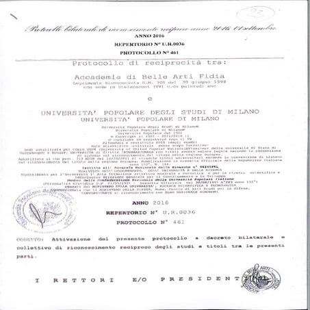 Riconoscimento dei titoli dell'Università Popolare degli Studi di Milano diretto con  Accademia delle Belle Arti "Fidia"
