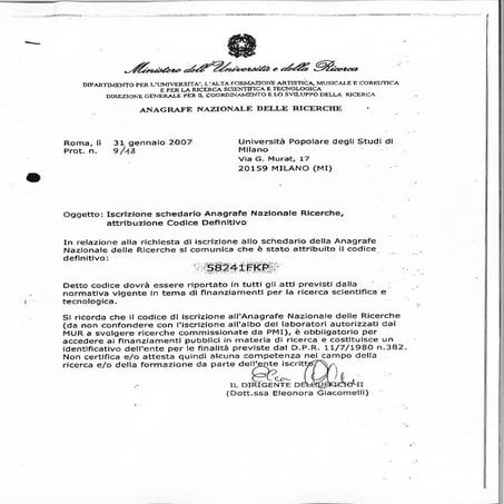 Iscrizione dell'Università Popolare degli Studi di Milano allo schedario Anagrafe Nazionale Ricerche 