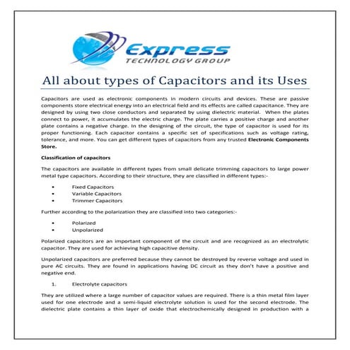 Types Of Capacitors And Their Applications | PPTX