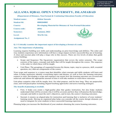 ALLAMA IQBAL OPEN UNIVERSITY, ISLAMABAD