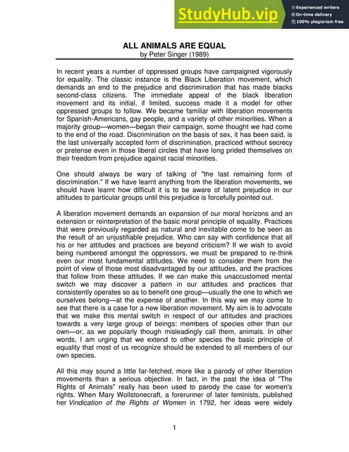 All Animals Are Equal - Peter Singer's Argument for Animal Equality | PDF