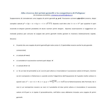 Alla ricerca dei primi gemelli e la congettura di polignac