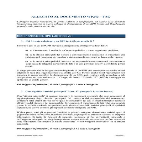 GDPR Europeo sulla protezione dei dati personali  - Allegato al documento wp243 – faq