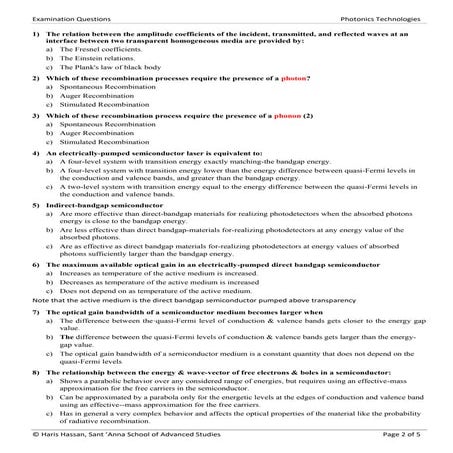 Photonic Technologies Exam