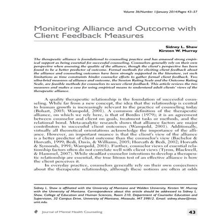 Monitoring Alliance and Outcome with Client Feedback Measures