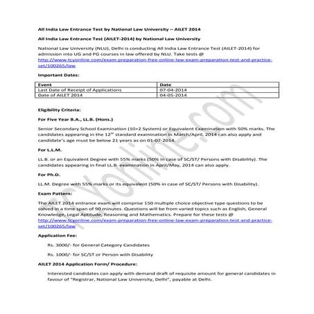 All india law entrance test (ailet 2014) by national law university