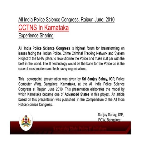 CCTNS In Karnataka, Experience Sharing
