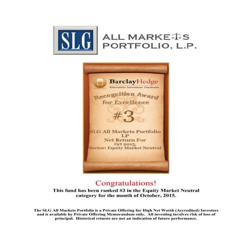 BarclayHedge Award: SLG All Markets Portfolio Ranked #3 in Net Returns for October 2015 