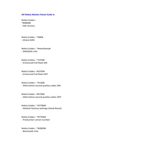 All nokia master codes