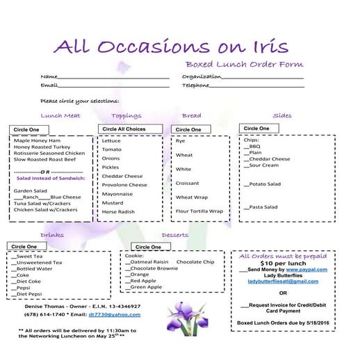 All occasions on iris boxed lunch order form | PDF