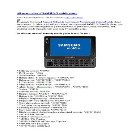 All secret codes of samsung mobile phone