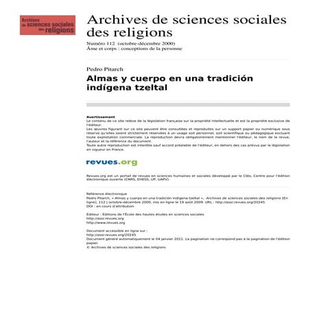 Almas y cuerpo en una tradición indigena tzeltal pedro pitarch